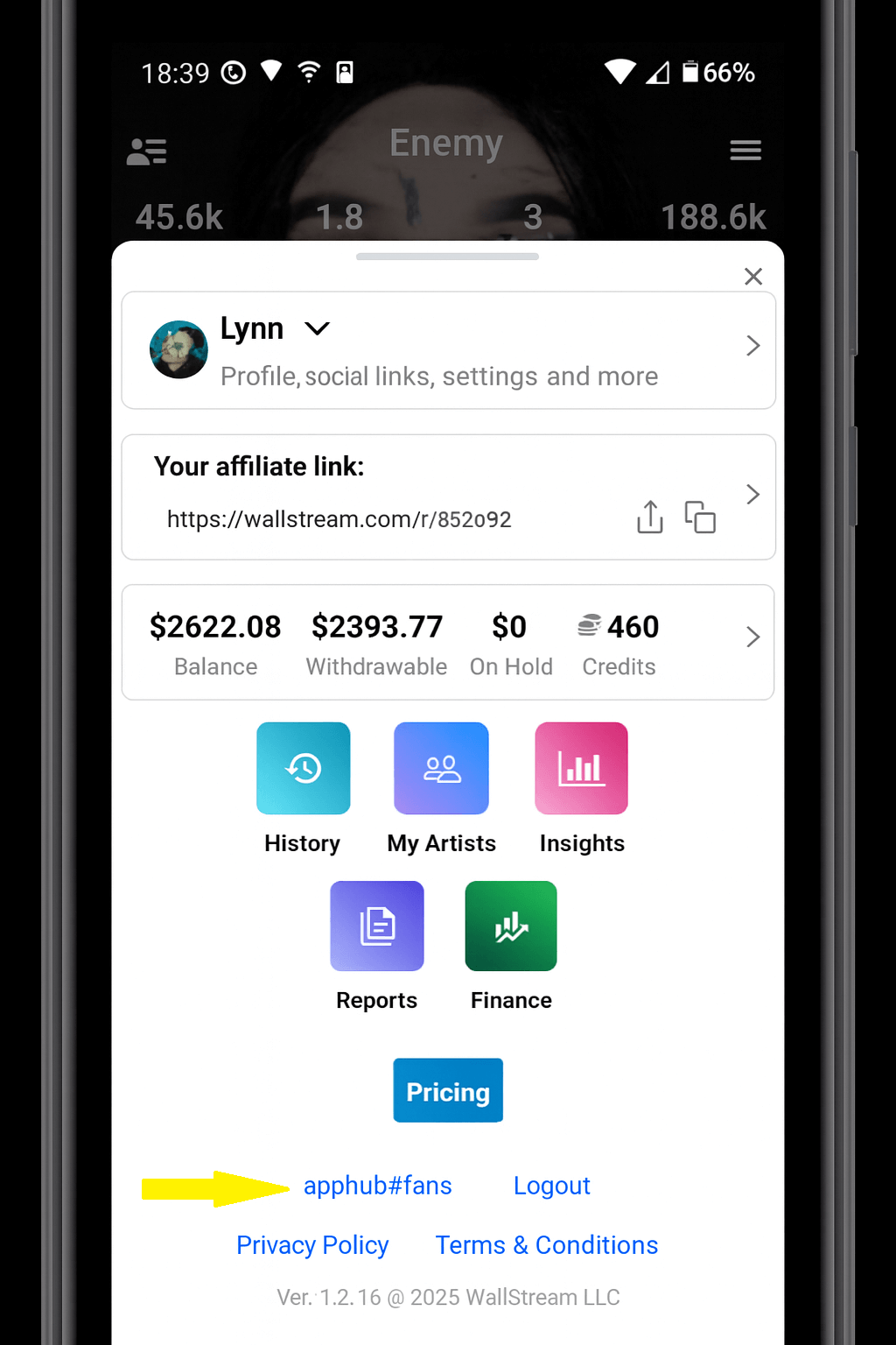 WallStream app showing apphub#fans integration